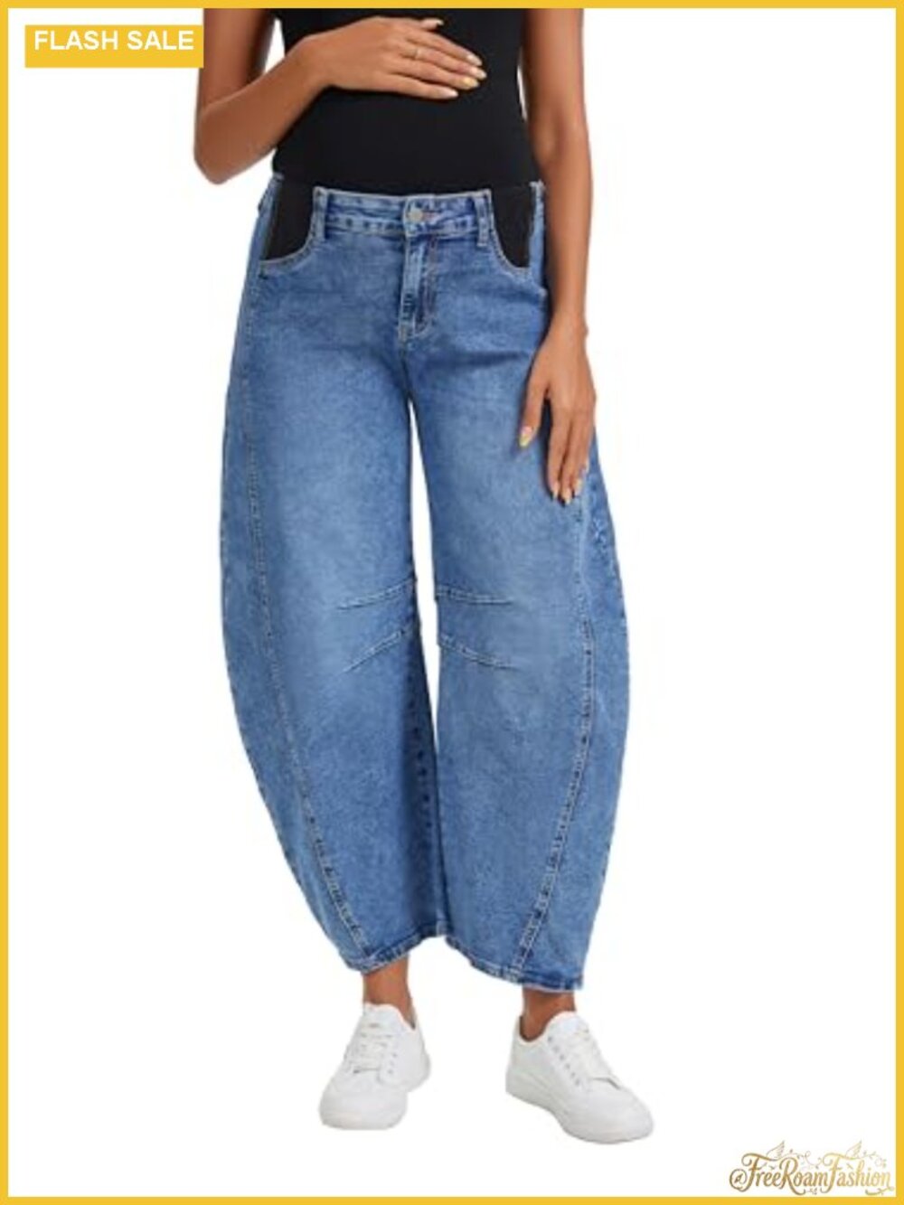 Maternity Baggy Wide Leg Barrel Jeans Stretchy Cotton Blend Pregnancy Pants